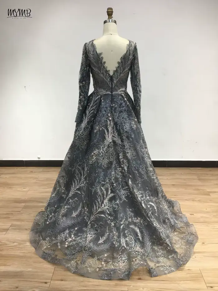 Robe de soirée MYMB en polyester avec décoration en perles et dentelle pour femmes, col en V, ligne A, mariage, fiançailles, soirée élégante, luxe, arabe