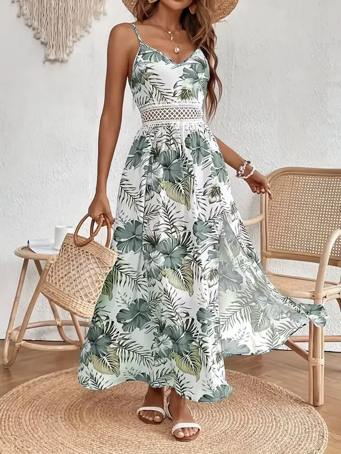 Robe longue ample pour femmes, col en V, à bretelles, style bohème, imprimée, avec fente à l'ourlet,