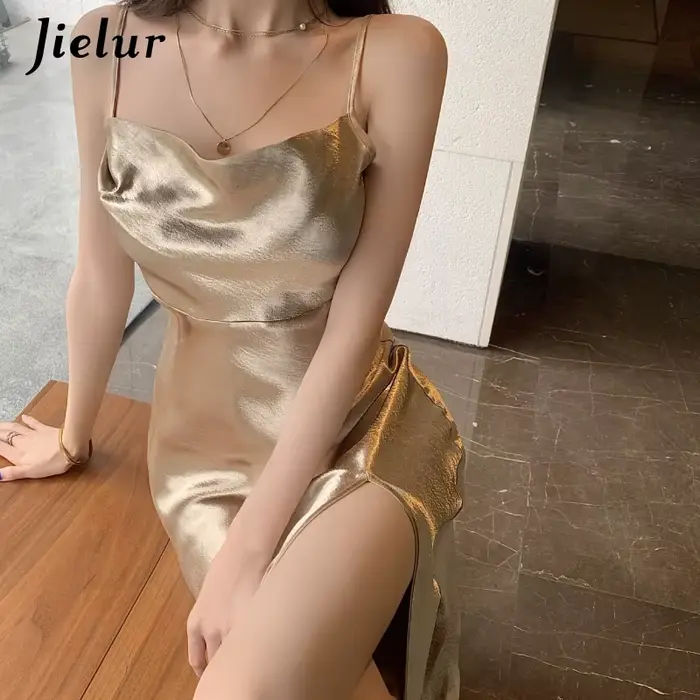Jielur Élégant Satin Taille Haute Split Camisole Robe Femmes Champagne Sexy tambours con Robes