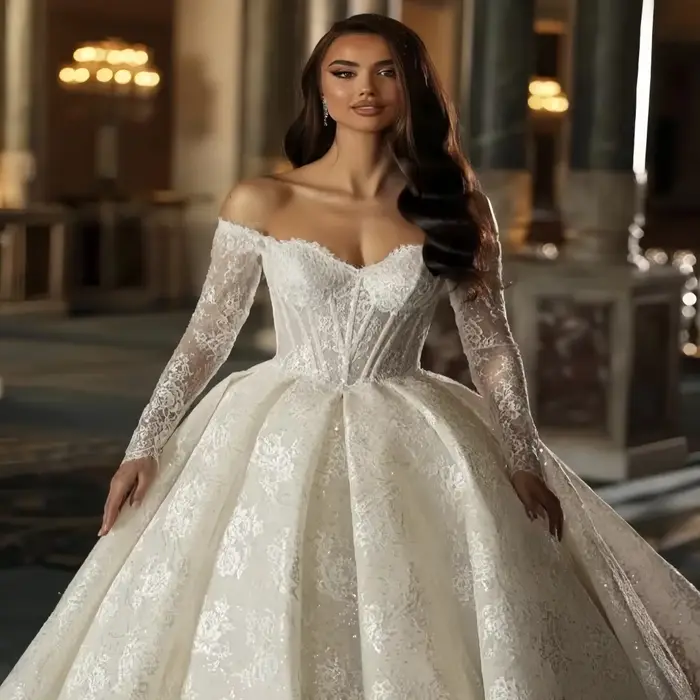 Robes De mariée De luxe personnalisées en dentelle, ligne A, paillettes, col en V, manches longues, 