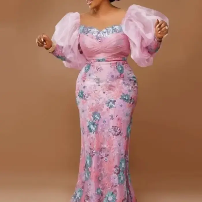 Robe de Soirée Africaine Rose à Manches sulfpour Femme