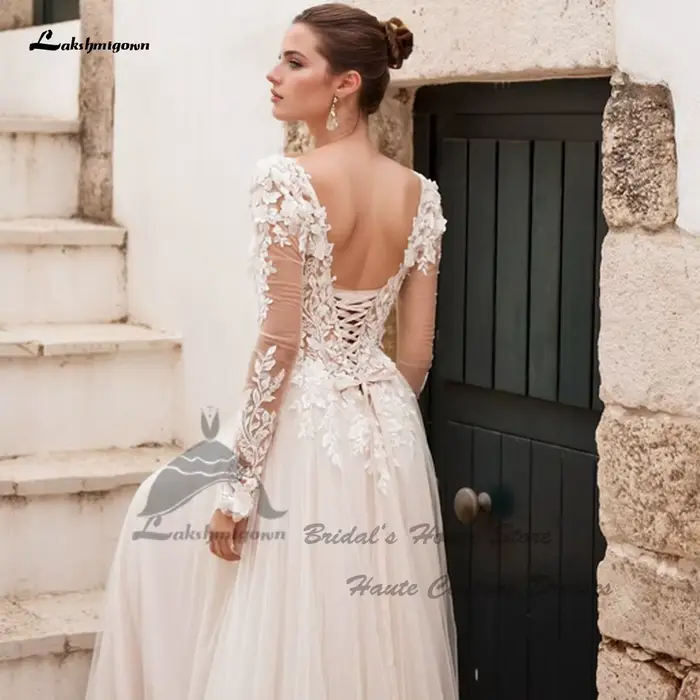 Yanshmigown-Robes de mariée bohème personnalisées, dentelle civile, manches longues, robe de mariée de plage élégante, quel que soit le dos à lacets, 2025