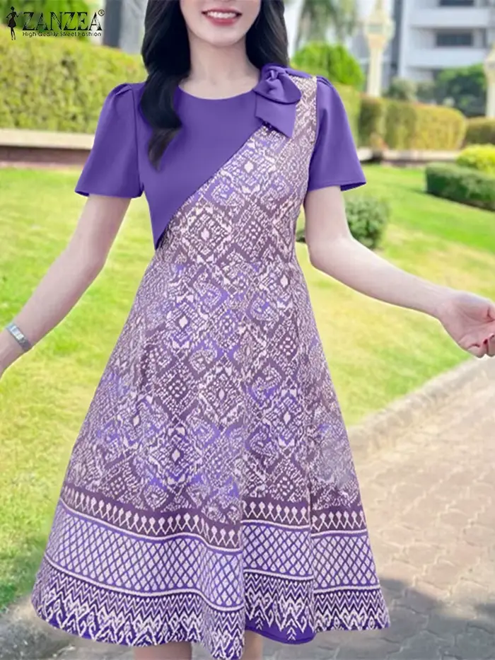 ZANZEA élégant OL Robe mi-longue femmes été robes 2025 Vintage à manches courtes imprimé nœud