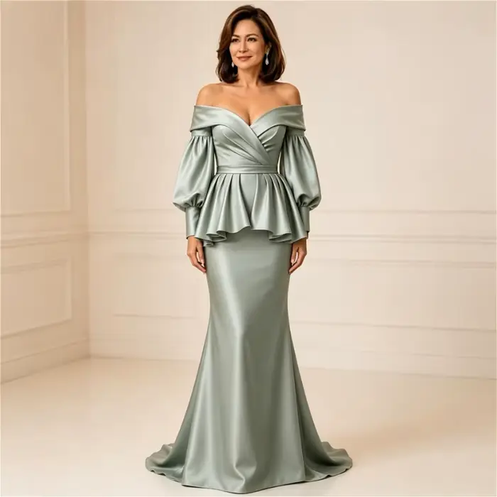Robe de soirée sirène en satin vert sauge personnalisée, à épaules dénudées, manches bouffantes, tai