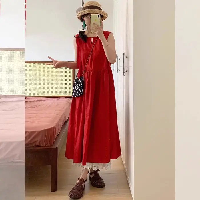 Robe longue décontractée sans manches style vacances à la plage rouge pour femme