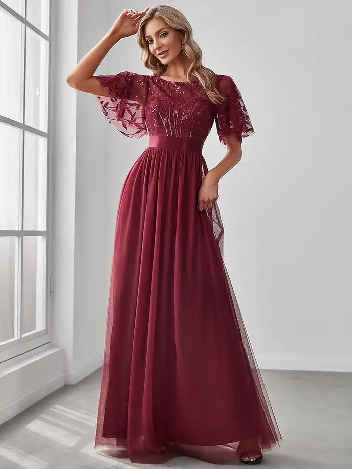 Robes de soirée élégantes à imprimé pailleté, longues, avec manches courtes, coupe trapèze, en gaze 
