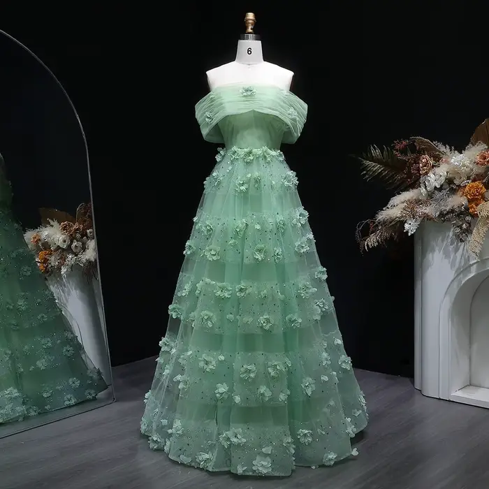 Sharon Said-Robe de Soirée de Luxe Vert Sauge à Fleurs 3D pour Femme, Tenue de Mariage Arabe Personn