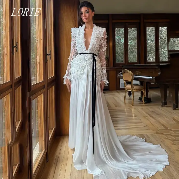 Robe de mariée civile élégante et luxueuse LORIE, coupe trapèze, col en V, en dentelle, pour fiançai