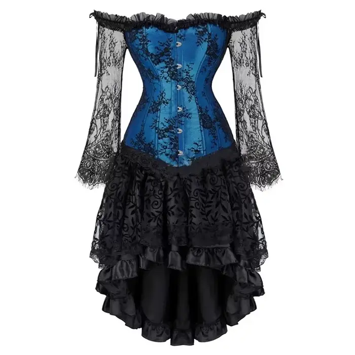 Robe Corset Gothique Florale à Manches Longues et Épaules Dénudées, Ensemble Haut Bustier et Jupe en