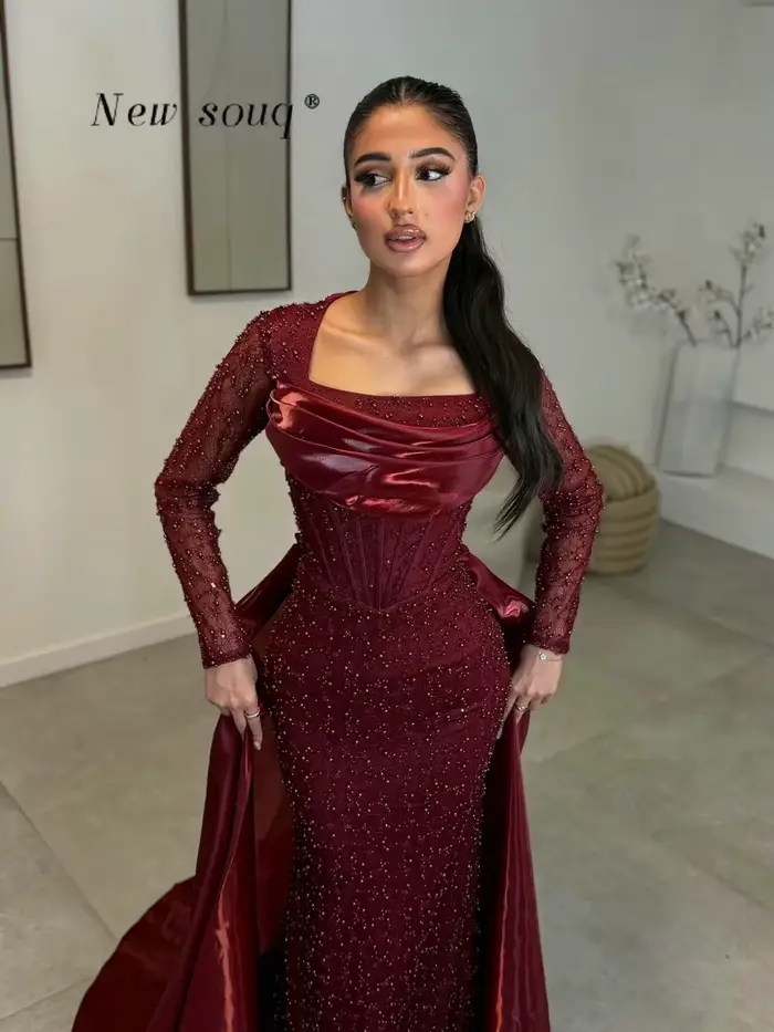 Robes de bal arabes marron chocolat à manches longues avec jupe brillante, robes de soirée formelles