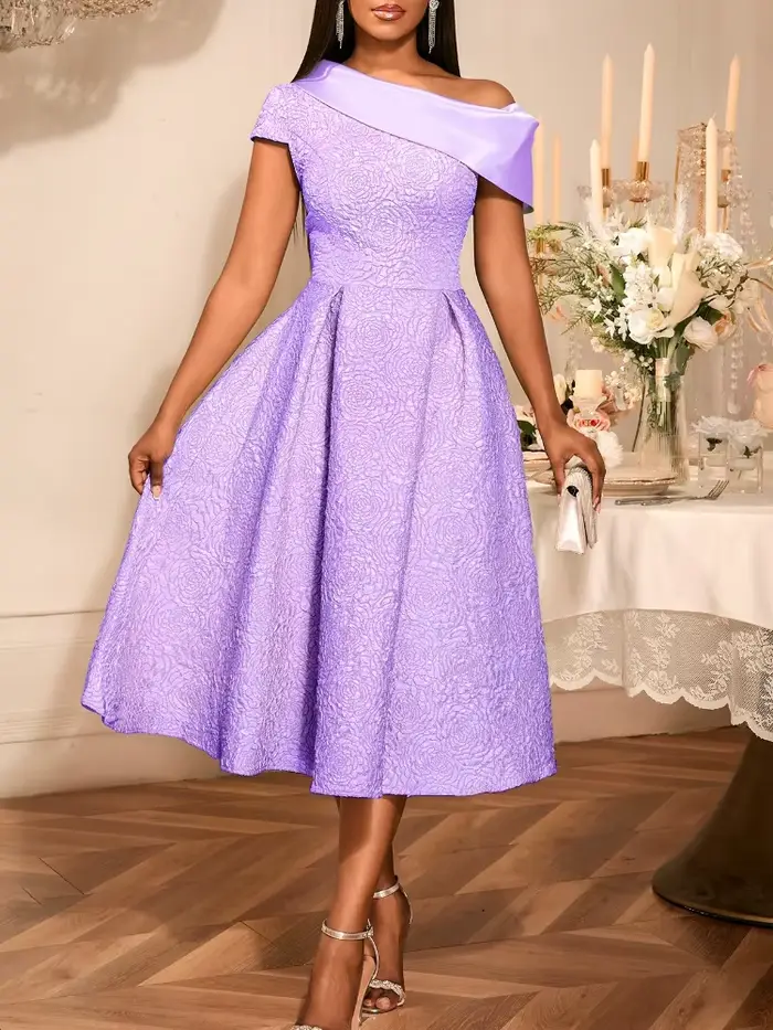 Robe élégante en Jacquard pour femmes, asymétrique épaule dénudée, col diagonale, manches courtes, ligne A, anniversaire, mariage, invité, bureau, dame chic