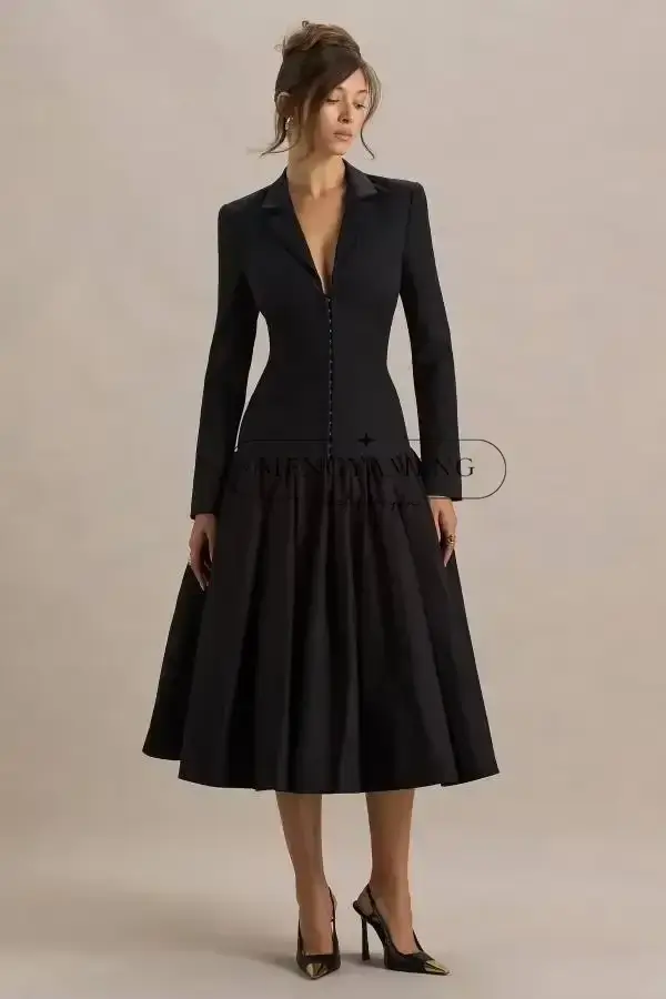 Robe de soirée noire ZHUISHU sexy à revers crantés pour femmes, col en V, longueur cheville, manches longues, occassions spéciales cocktail et bureau