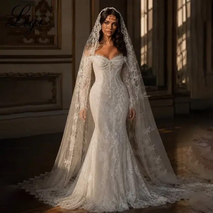 Robes de mariée sirène de luxe LIGI en dentelle intégrale, épaules dénudées, manches longues, style 