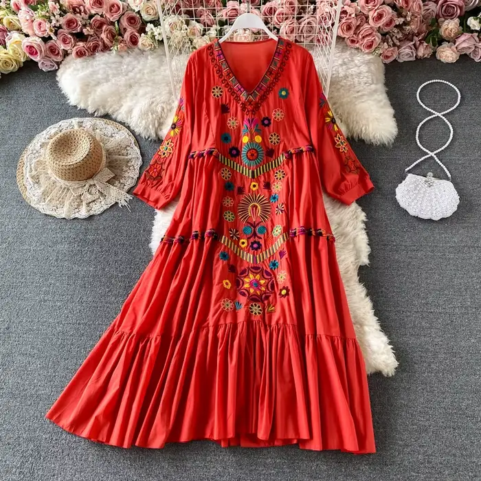 Robe de plage Vintage pour femmes, broderie florale, manches courtes, col en v, en coton et lin, sty