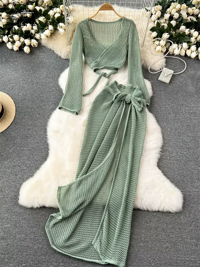 SINGREINY vacances deux pièces ensemble femmes à manches longues col en V haut court taille réglable fendu jupe longue tricot été plage costume