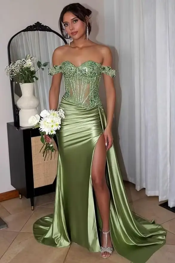 Robes de bal sirène vert sauge sexy, en dentelle perlée, à épaules dénudées, avec corset, pour soiré