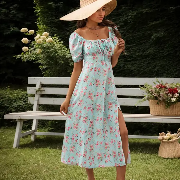 Robe trapèze fendue à manches bouffantes et imprimé floral pour femmes, robe de plage d'été, encolur