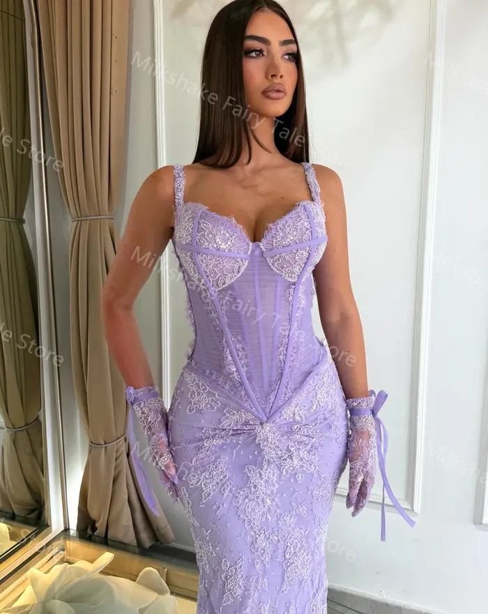 Robes de soirée lavande glamour en dentelle complète sans manches pour femmes