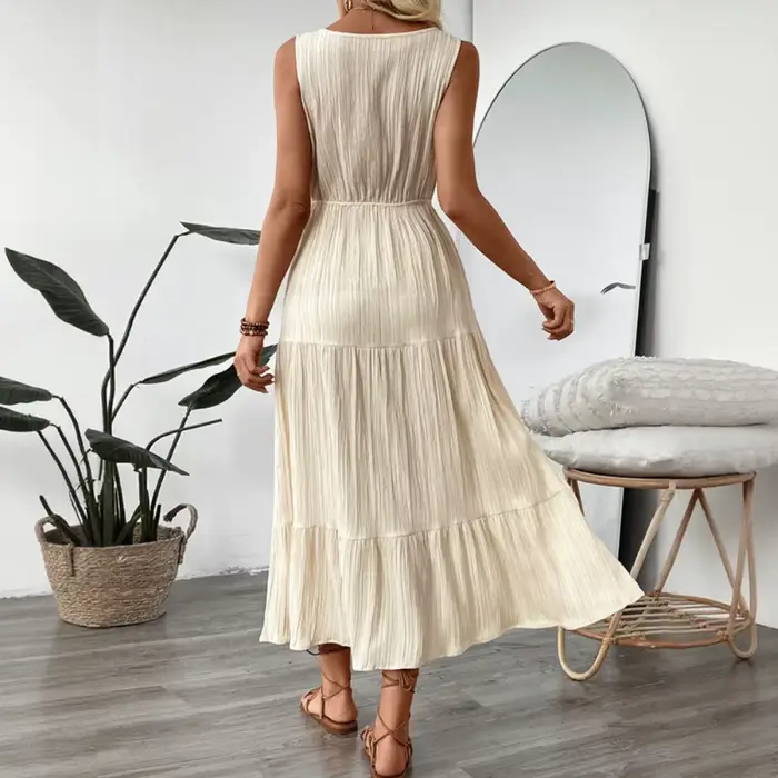 Robe longue texturée sans manches à volants pour femme, col en V, taille à nouer, beige, bleu foncé, bleu clair, décontractée et élégante, pour le quotidien et le week-end