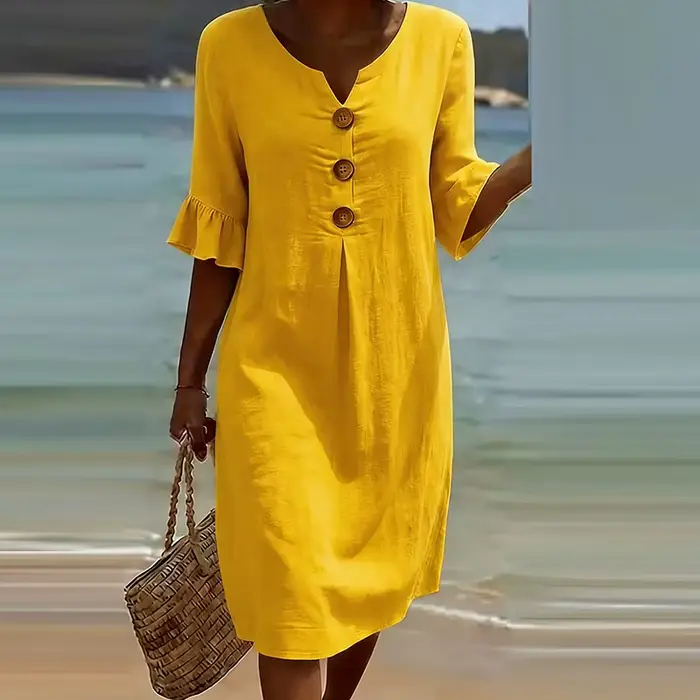 Robe vintage femme col en V manches courtes design à volants boutonnée plage vacances décontractée unie ample pour fêtes