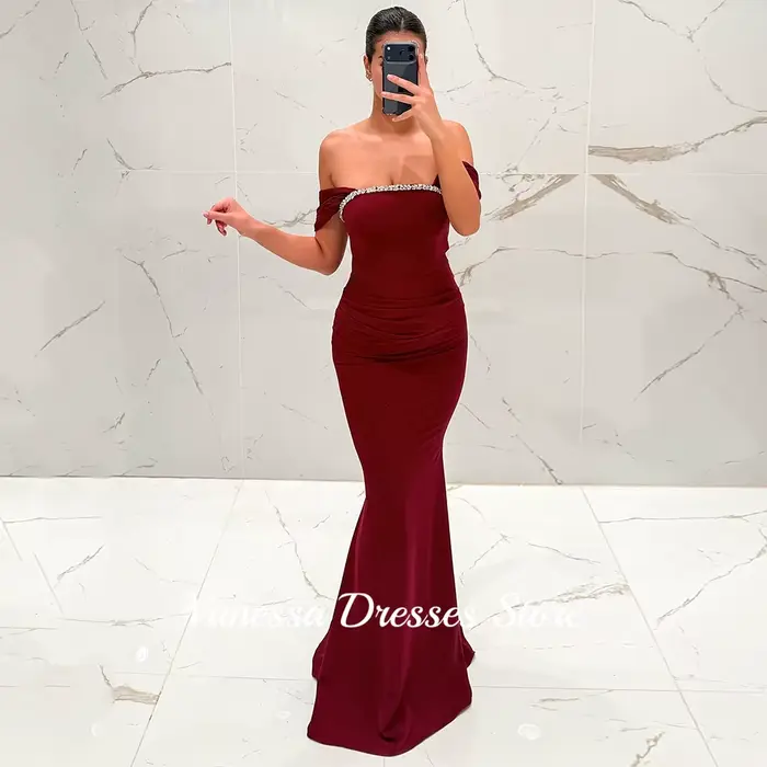 Robe de soirée sirène bordeaux Vanessa à épaules dénudées, personnalisée, en jersey, avec cristaux, 