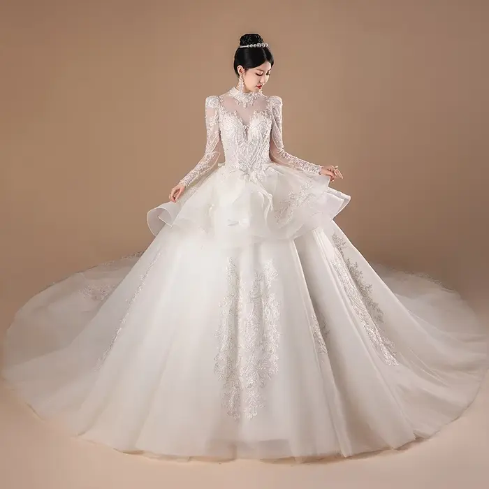 SL-9439 personnalisé princesse robes De mariée col haut manches bouffantes Robe De mariée paillettes