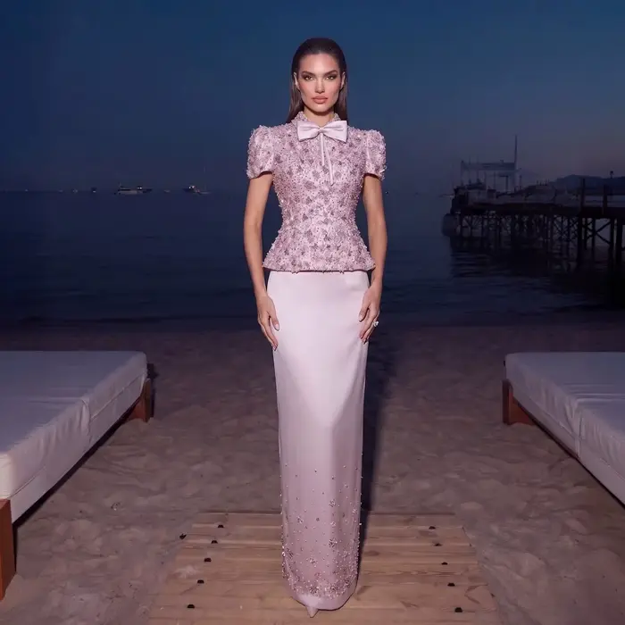 Robe de soirée Sharon Said rose personnalisée avec perles et cristal pour femmes d'exception pour soirées officielles