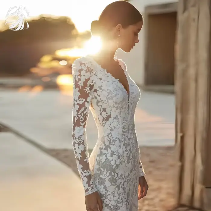Robe de mariée personnalisée en polyester sirène à manches longues avec col en V et dentelle élégante pour femmes occasions spéciales
