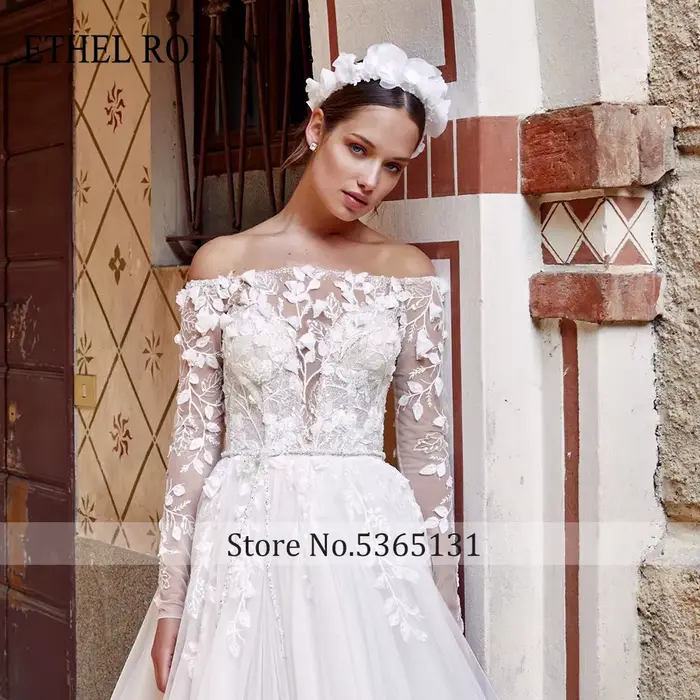 ETHEL ROLYN a-ligne De mariée avec robe col bateau charmante perles Appliques paillettes
