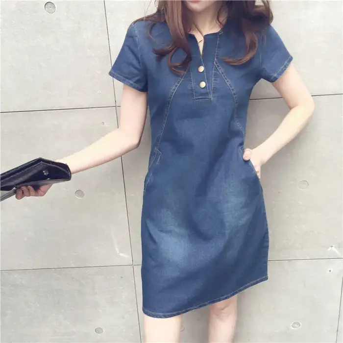 Robe en jean décontractée avec poche à boutons pour femmes
