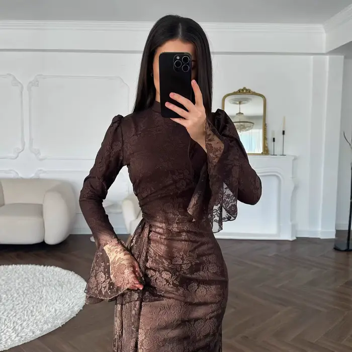 Robe de soirée ajustée en dentelle pour femme, ligne H, longueur cheville, manches cloche, taille cintrée, coupe slim, sexy et élégante, été 2026