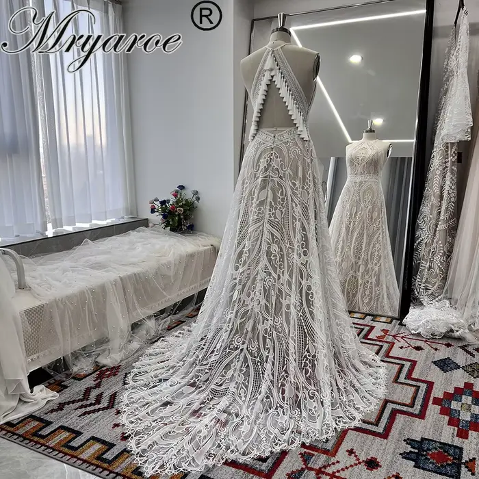 Mryarce dentelle une ligne licou robes de mariée avec des glands robes de mariée bohème