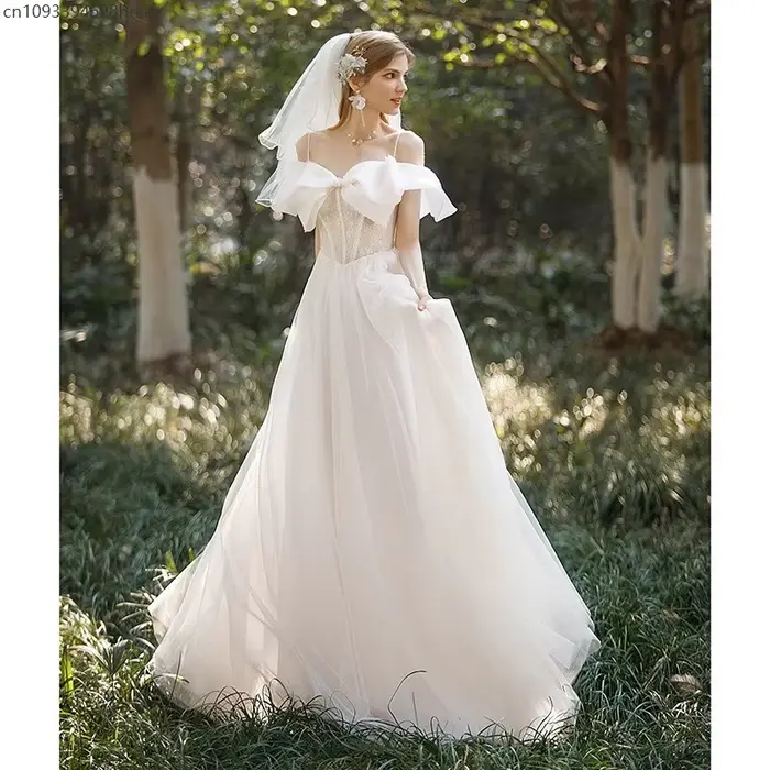 Robe longue de soirée en polyester dégagée aux épaules coupe amincissante nœud mariage déguisement princesse