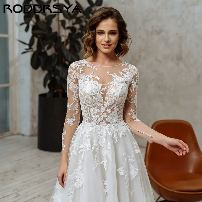 RODDRSYA Robe de mariée bohème coupe A appliques tulle illusion