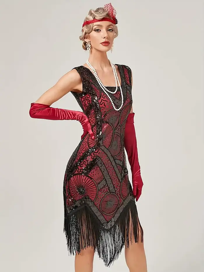 Robe de soirée Charleston style Gatsby pour femmes robe cocktail sequins franges vintage col carré sans manches mi-mollets occasions spéciales