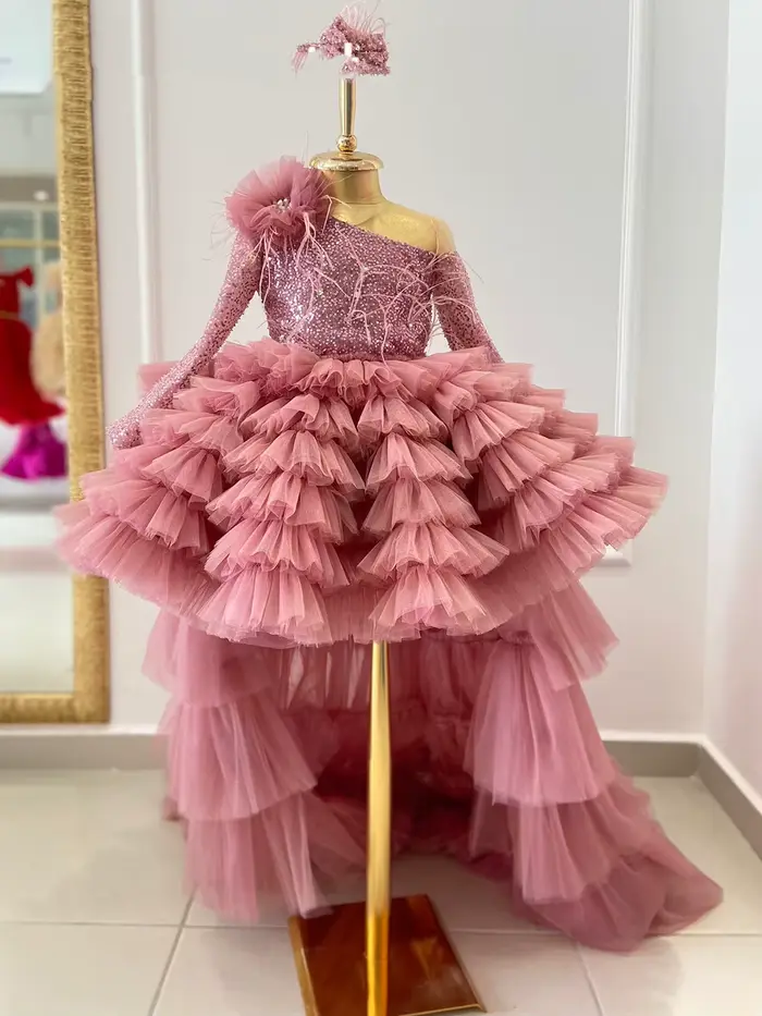 Robes de fille de fleur rose pour les mariages fête d'anniversaire princesse plume Tulle robe de concours