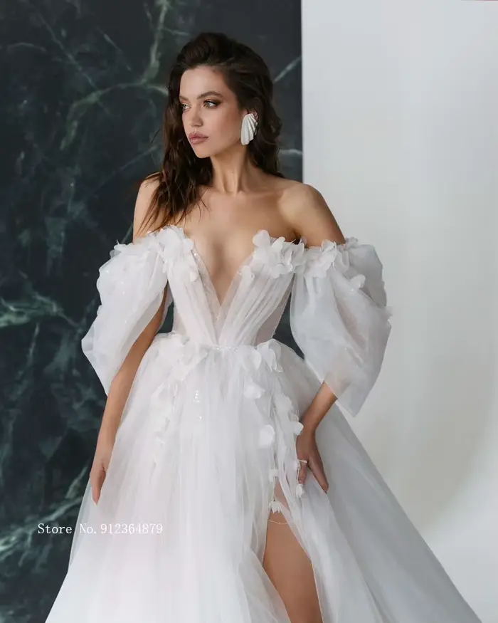 Gracieuse offre spéciale robes de mariée à fleurs 3D avec manches détachables