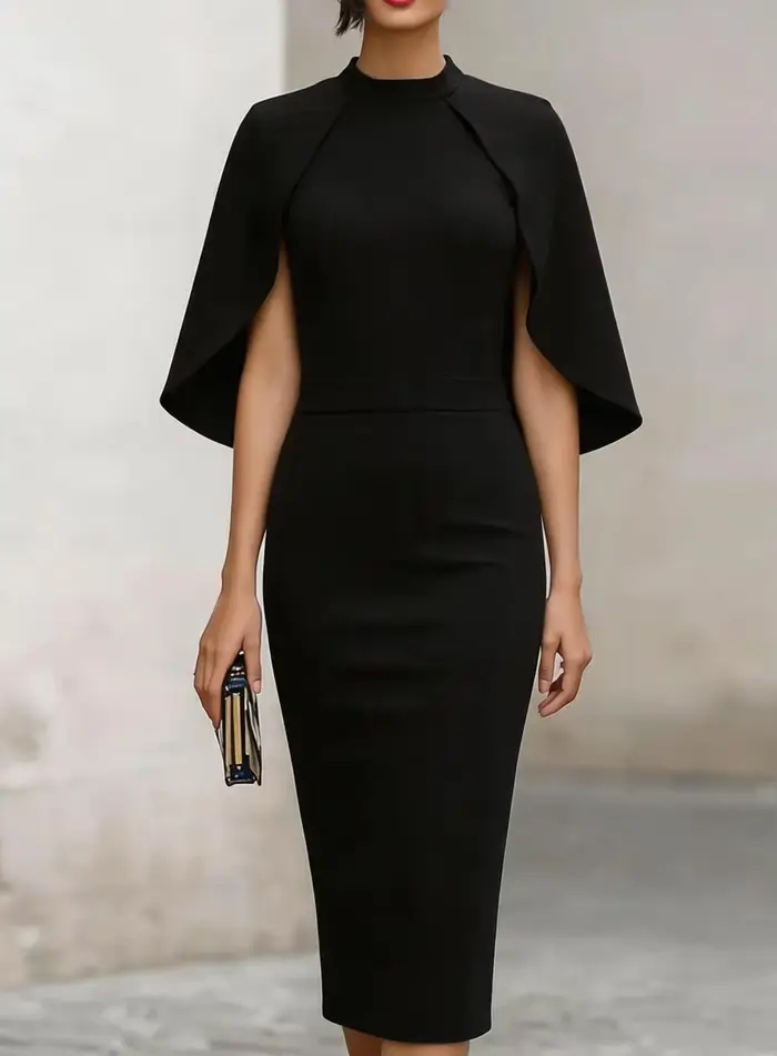 Robe midi élégante à col haut et manches cape ajustée pour femme