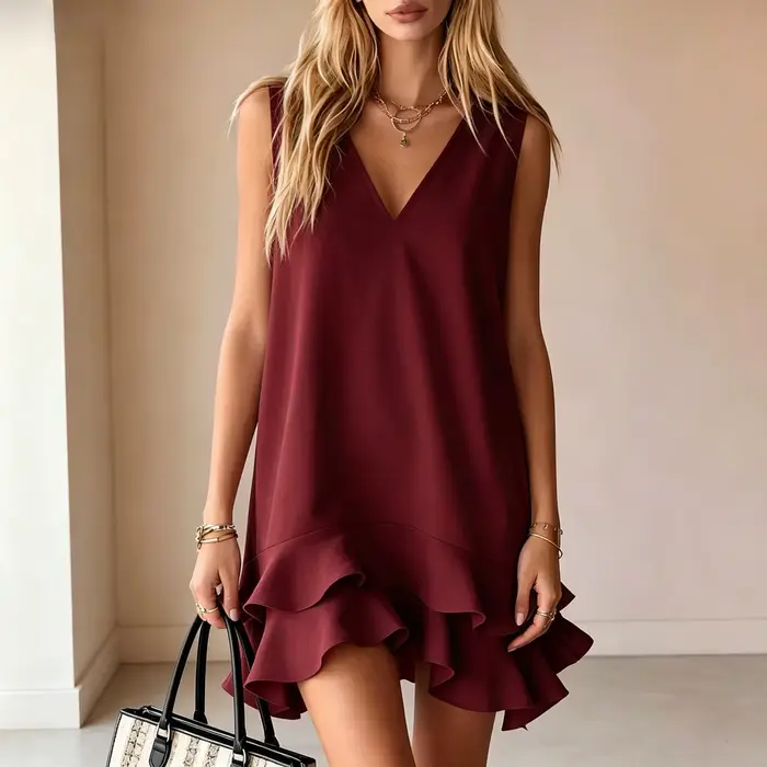 Robe mi-longue coupe trapèze style Y2K streetwear col en V sans manches pour soirée fête travail 2026