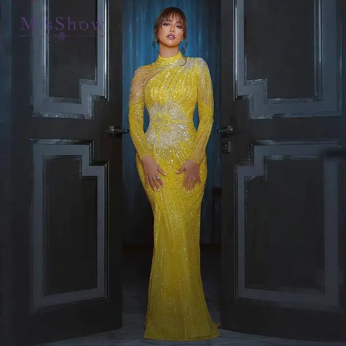 Robe de soirée longue pour femme style arabe sirène en tulle avec perles et pailletés manches longues luxe pour mariage et événement spécial