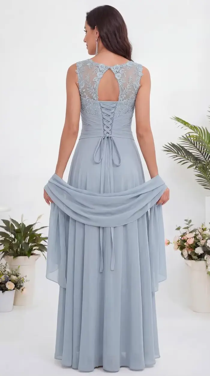 Robe en mousseline de soie longue avec châle et appliques en dentelle pour la mère de la mariée occasions spéciales élégance et sophistication