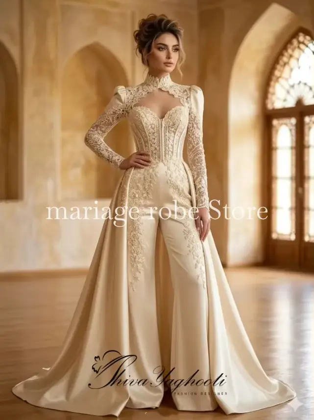Robe de soirée musulmane arabe couleur champagne avec surjupe