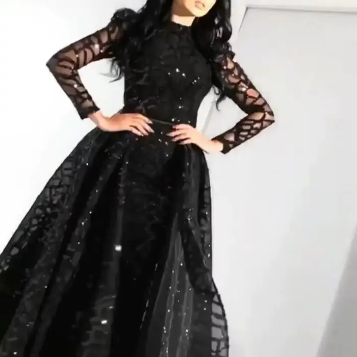 Robe de soirée à paillettes pour femme, polyester extensible, manches longues, élégante, grande balançoire, noir, été, soirées, cérémonies