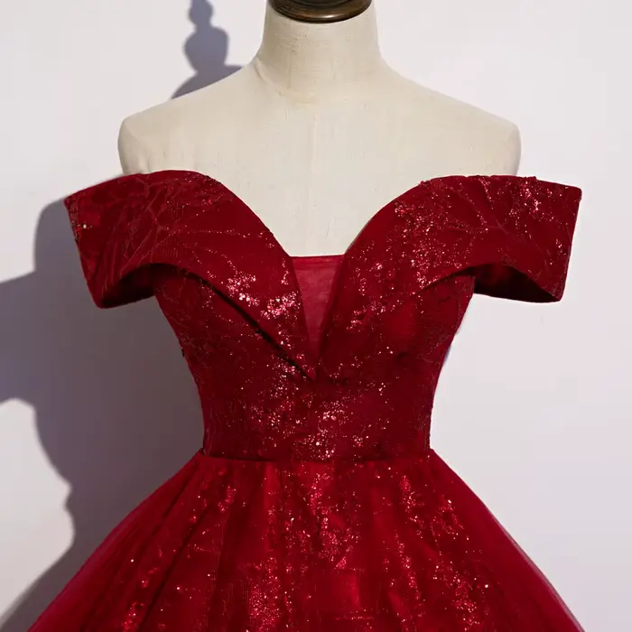 Robe de Soirée Rouge en Tulle à Paillettes pour Femme