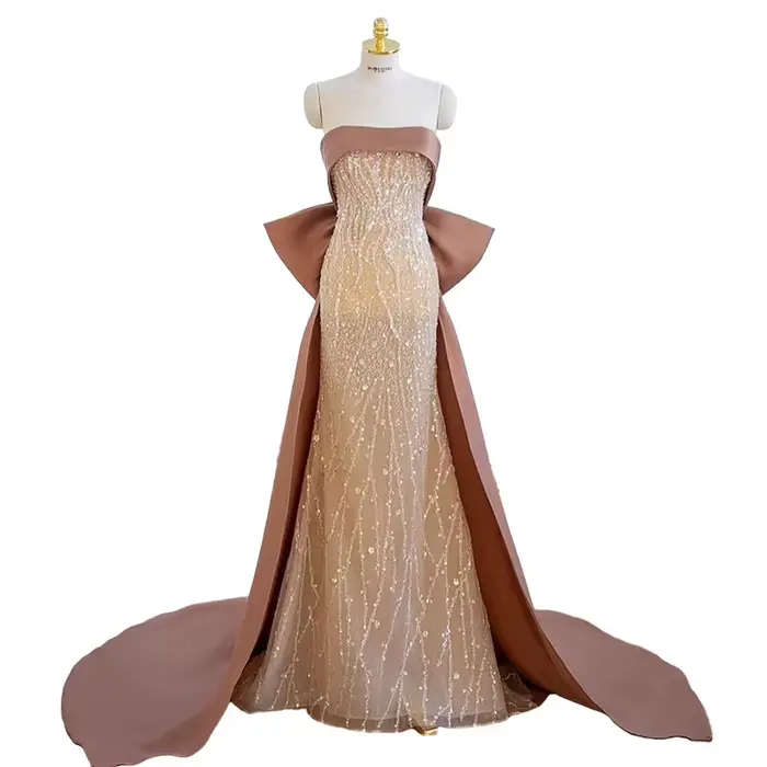 Robe de soirée sans bretelles en soie et organza pour femmes occasions spéciales mariage banquets elegance française