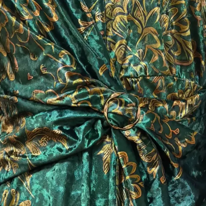 Robe longue en velours à imprimé botanique vert crème style bohème pour femme