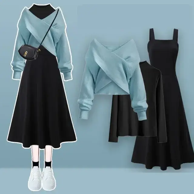 Femmes printemps automne nouveau Vintage tricot pull + chemise + sangle robe Midi 3 pièces costume 2025 coréen élégant