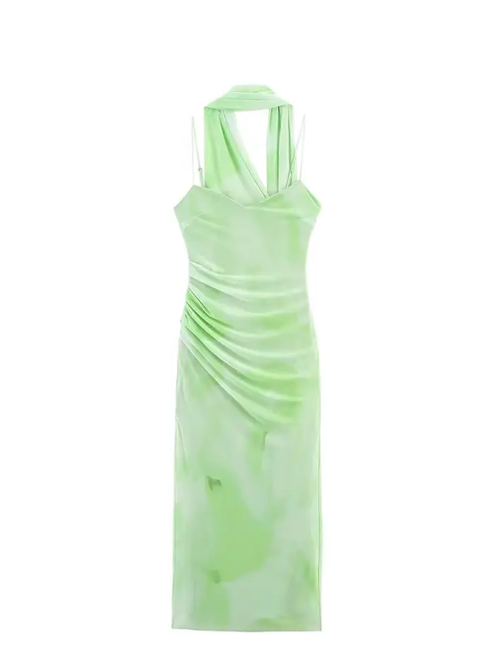 HH femmes vacances d'été vert clair romantique écharpe décorée Tulle robe mi-longue femme dos nu mince Sexy fronde
