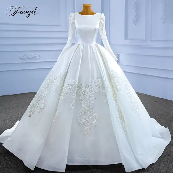 Robes de mariée vintage A-Line personnalisées, col rond, manches longues, appliques glamour, satin c