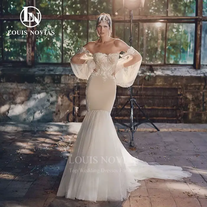 Modis-Robes de mariée sirène dos nu à manches bouffantes, élégantes, sexy, appliques, chérie, sac, h